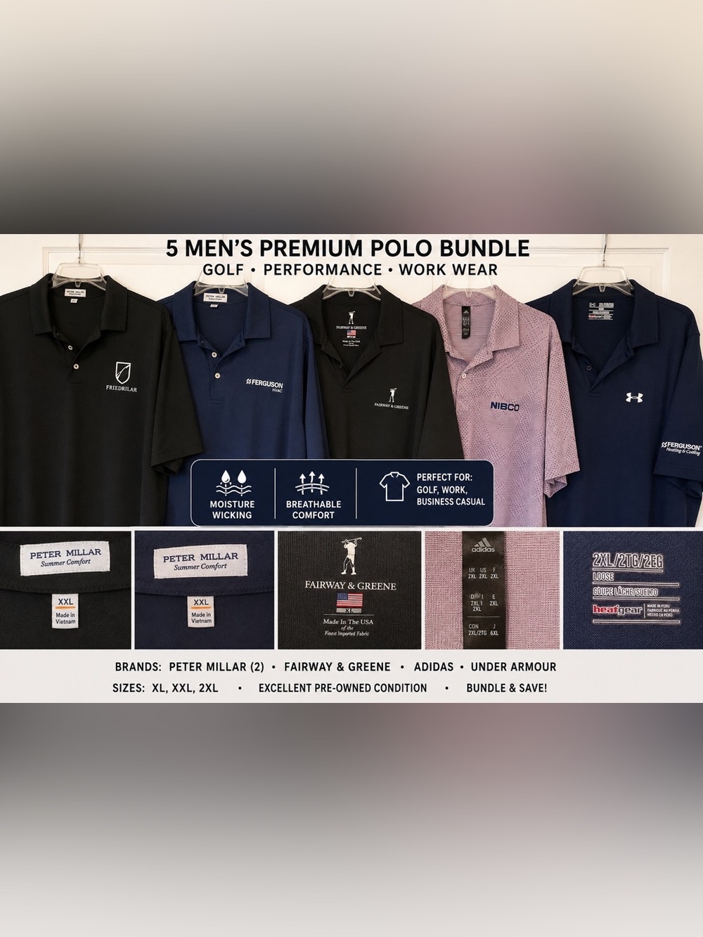 Bundle of 5 branded Polo’s- Peter Milar/ under Armour/addidas